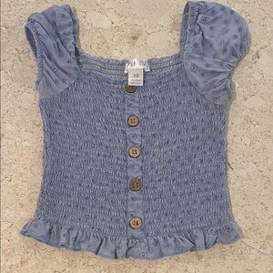 Blue Smocked Button-Up Top